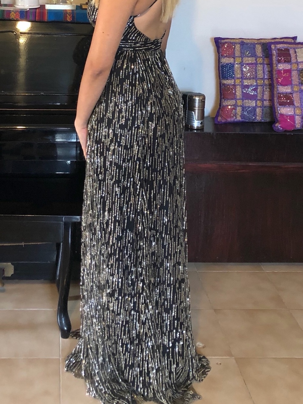 Black Sequin Backless Maxi Dress with Gold Accents